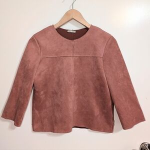 Zara Collection Faux Suede Top Dusty Rose 3/4 Sleeve Minimalist Blouse